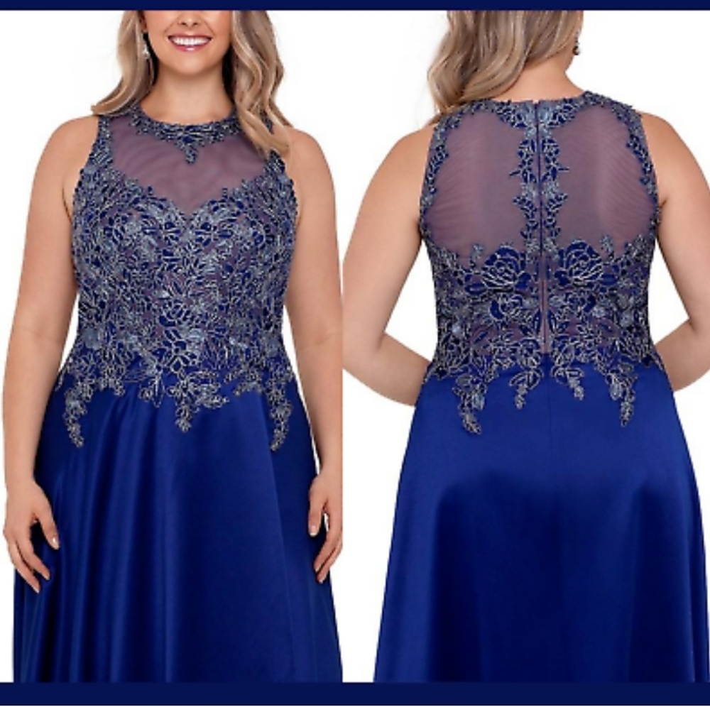 Xscape Tulip Embroidery Satin Ball Gown